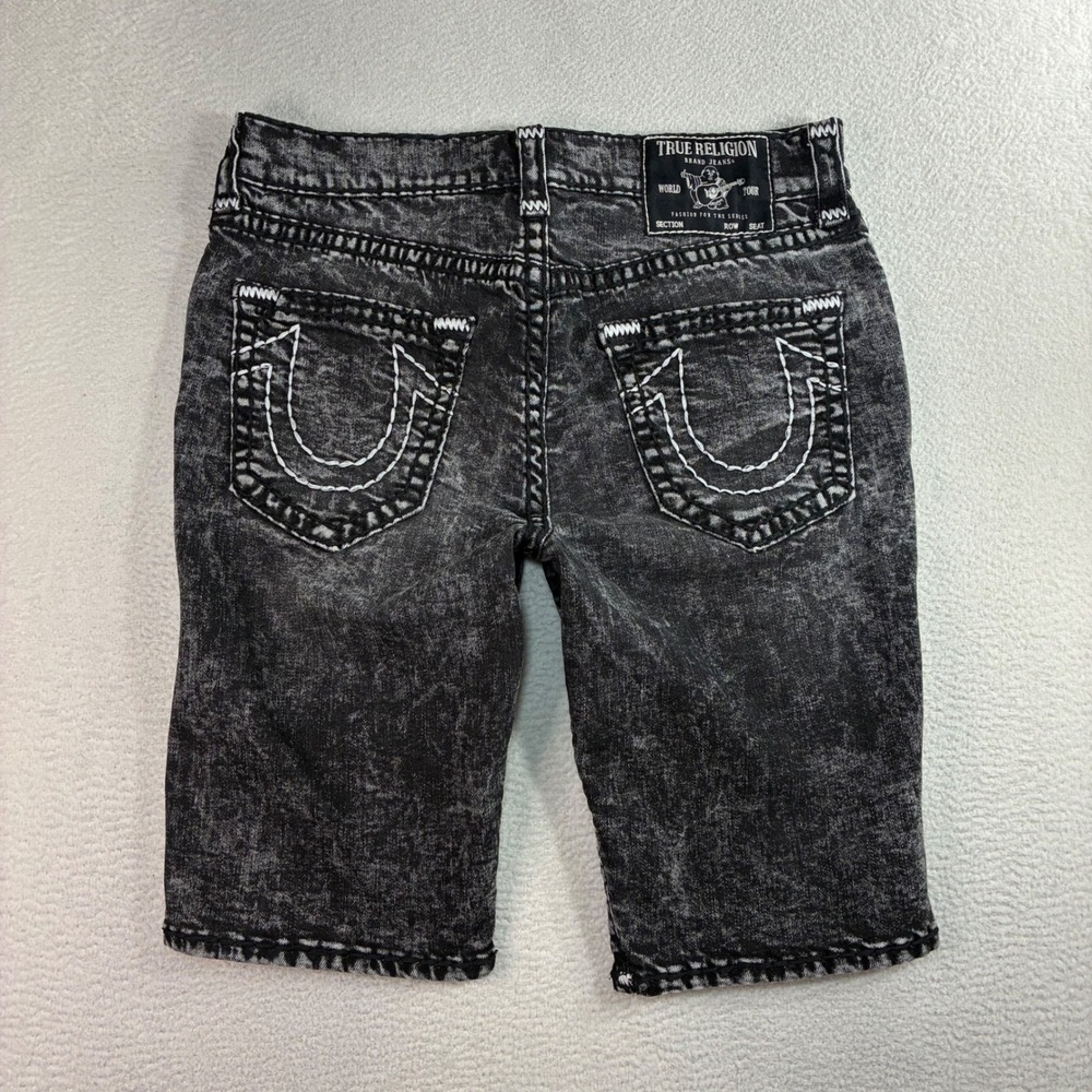 True Religion Ricky Jean Shorts Men 34x12 Black Acid Wash Distressed Denim Jorts
